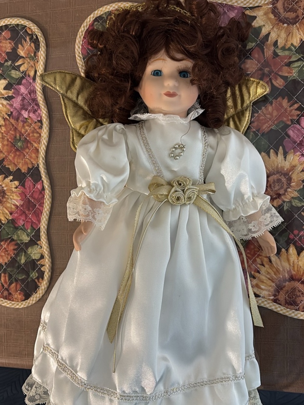 Porcelain Angel Doll in White and Gold Dress
